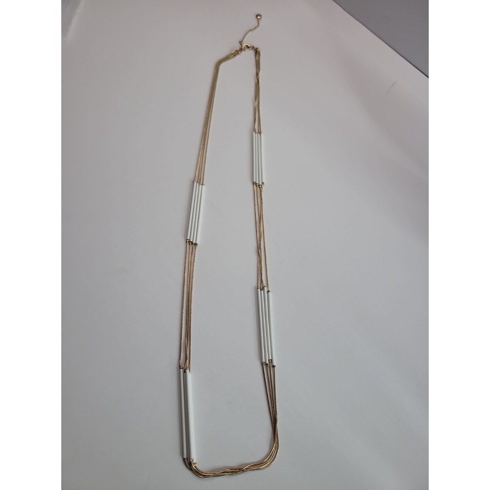 Long Gold Tone Multi Strand Necklace White Enamel Bar Tube Station Necklace Mode